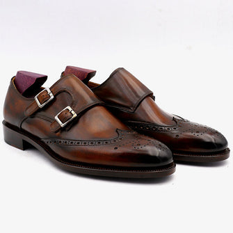 Chaussures habillées en cuir Brogues à bout rond personnalisées avec sangles de moine en veau pleine fleur